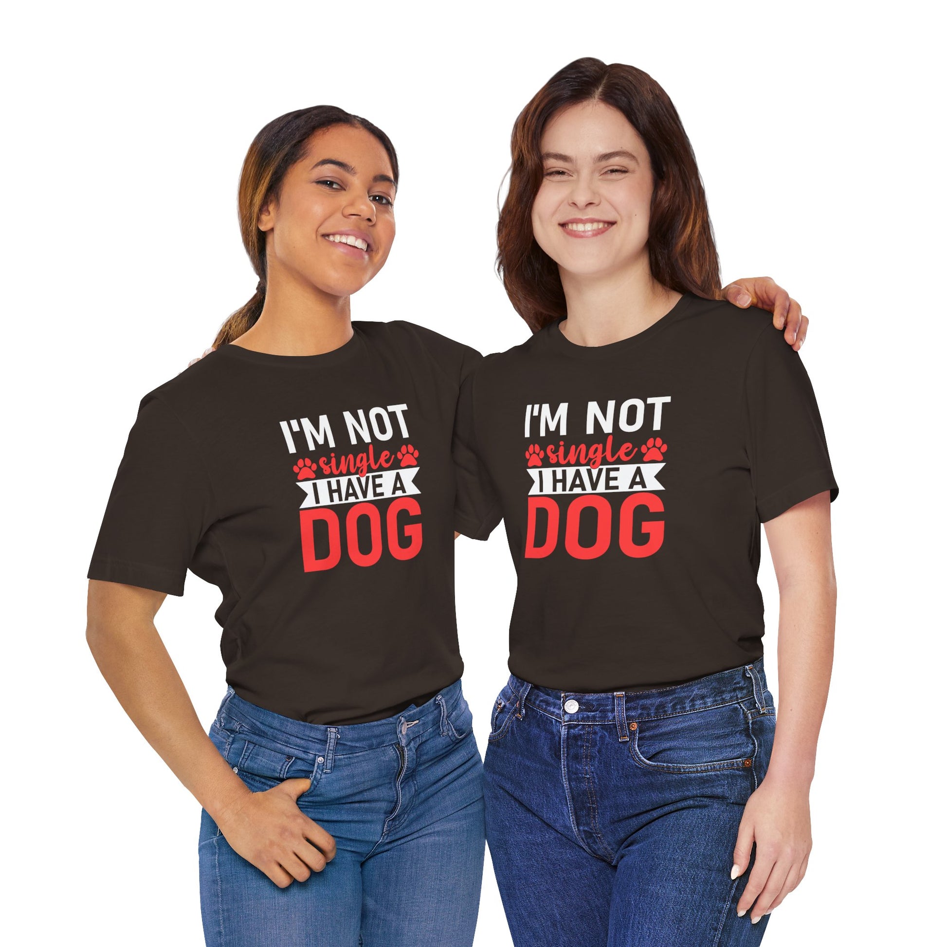 Two people wearing black t-shirts with 'I'm not single, I have a dog' text.