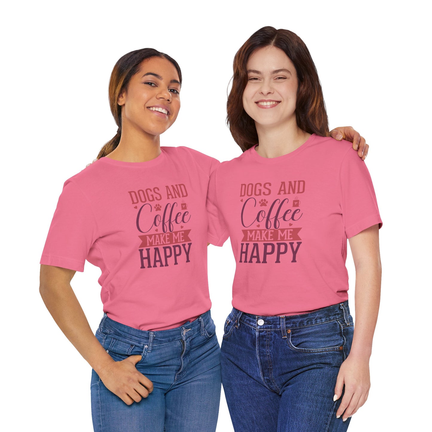 Two people wearing pink t-shirts with text standing side by side on a white background