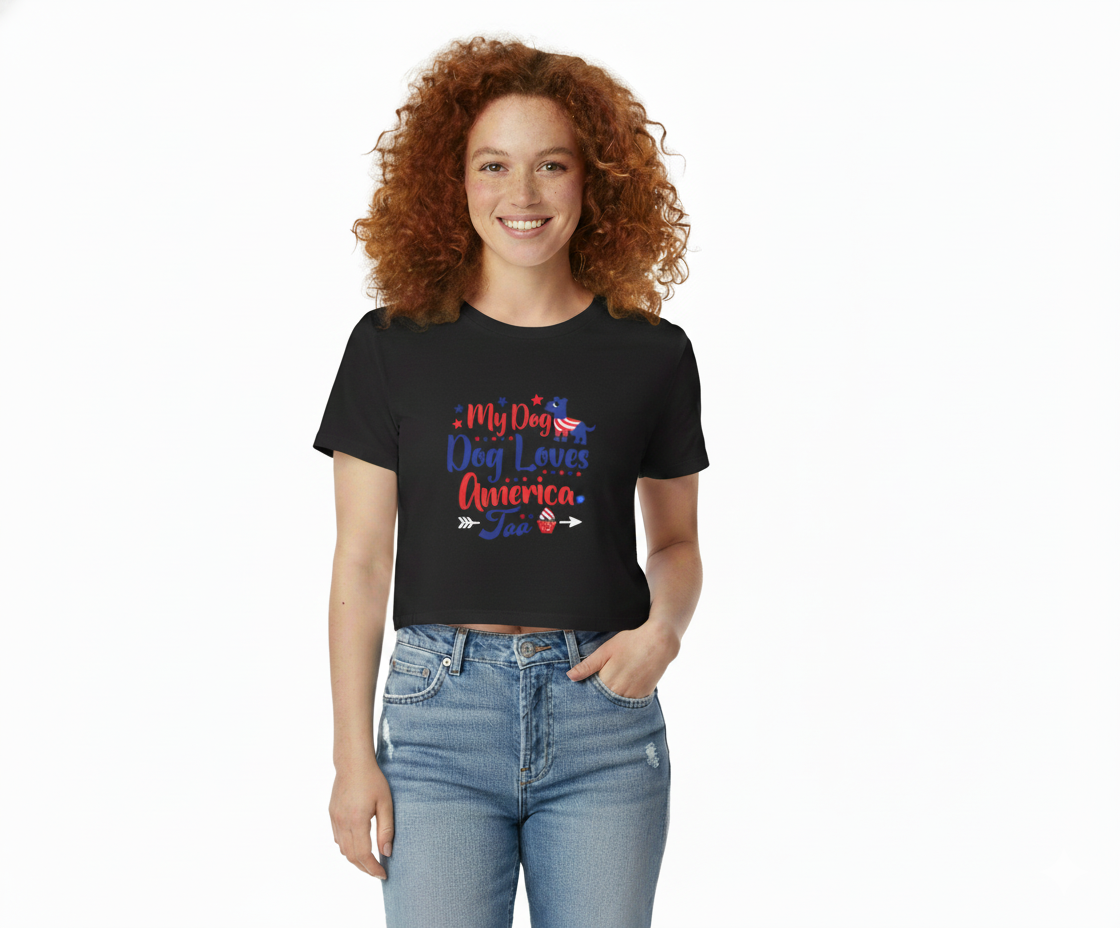 Patriotic Dog Crop Top – “My Dog Loves America Too” 4th of July Tee