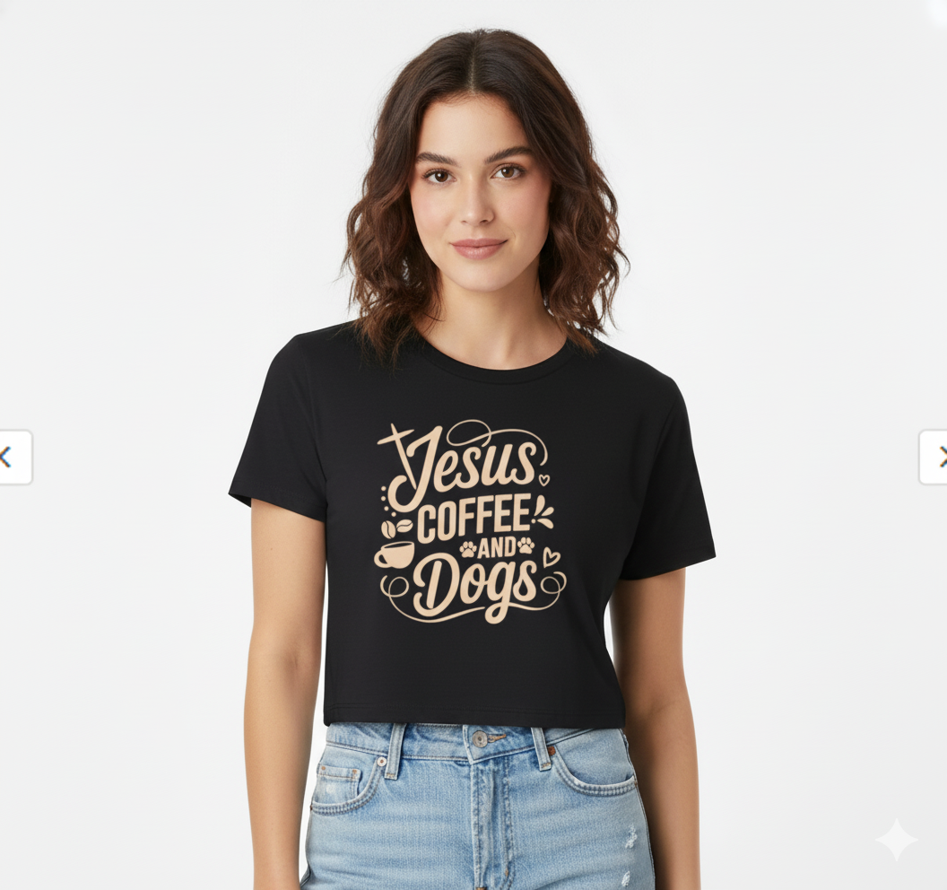 Jesus Coffee and Dogs Crop Top –  Christian Dog Mom Tee