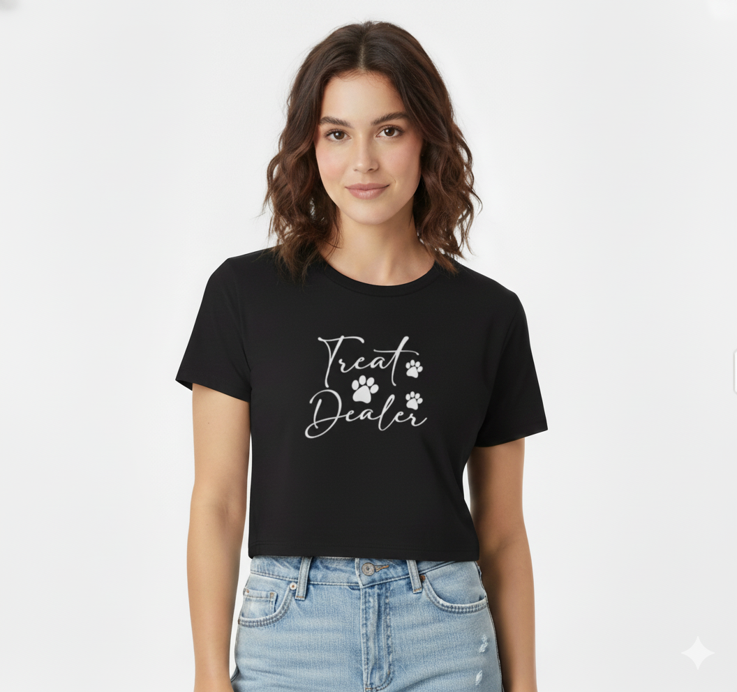 “Treat Dealer” Dog Lover Crop Top – Cute Paw Print Tee for Pet Moms