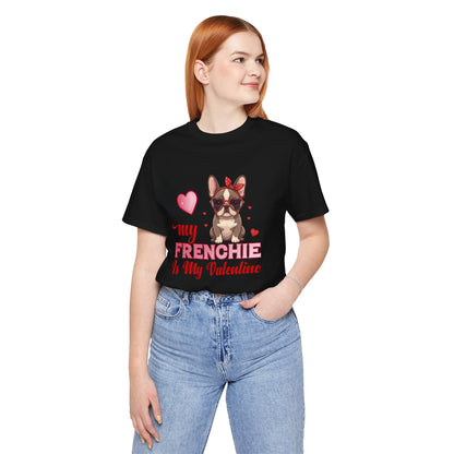 Person wearing a black t-shirt with a graphic of a dog and text on a white background