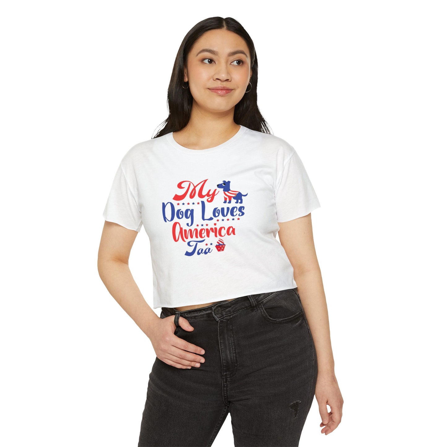 Patriotic Dog Crop Top – “My Dog Loves America Too” 4th of July Tee