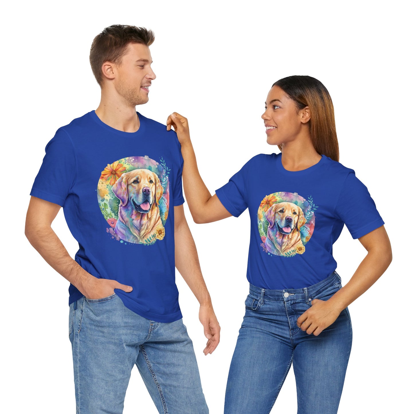 Two people wearing blue t-shirts with a colorful dog design on a white background