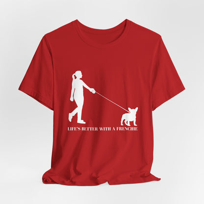 Red t-shirt with white graphic and text 'Life's better with a Frenchie' on a light gray background