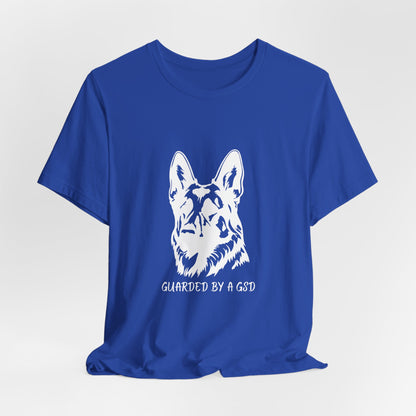 Blue t-shirt with a white German Shepherd design and text on a light gray background
