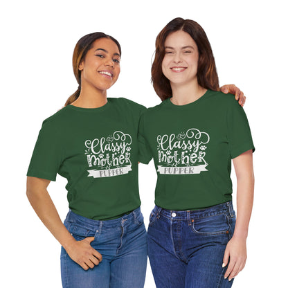 Two people wearing green t-shirts with humorous text design on a white background