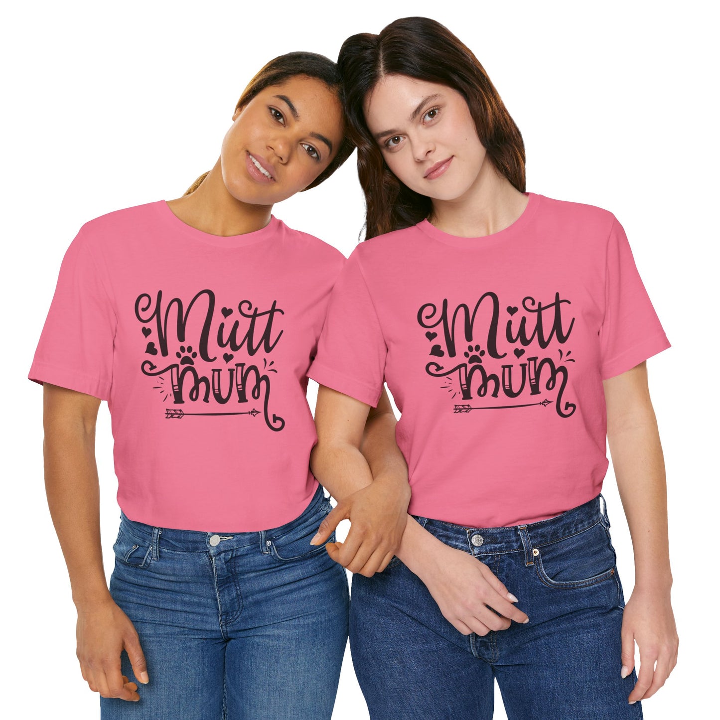 Two people wearing pink t-shirts with 'Mutt Mum' text on a white background