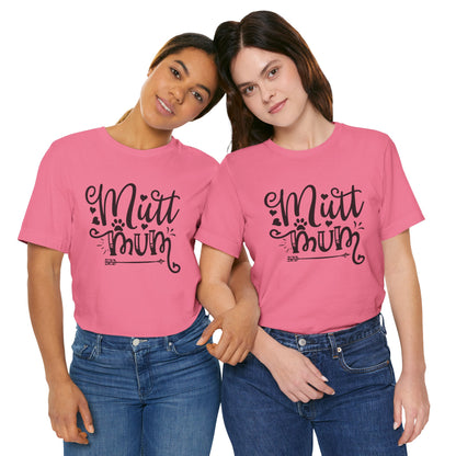Two people wearing pink t-shirts with 'Mutt Mum' text on a white background