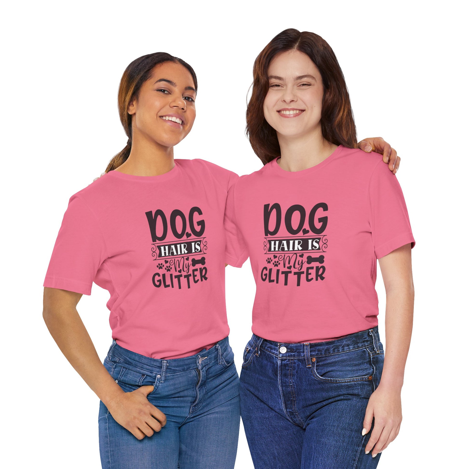 Two people wearing pink t-shirts with text on a white background