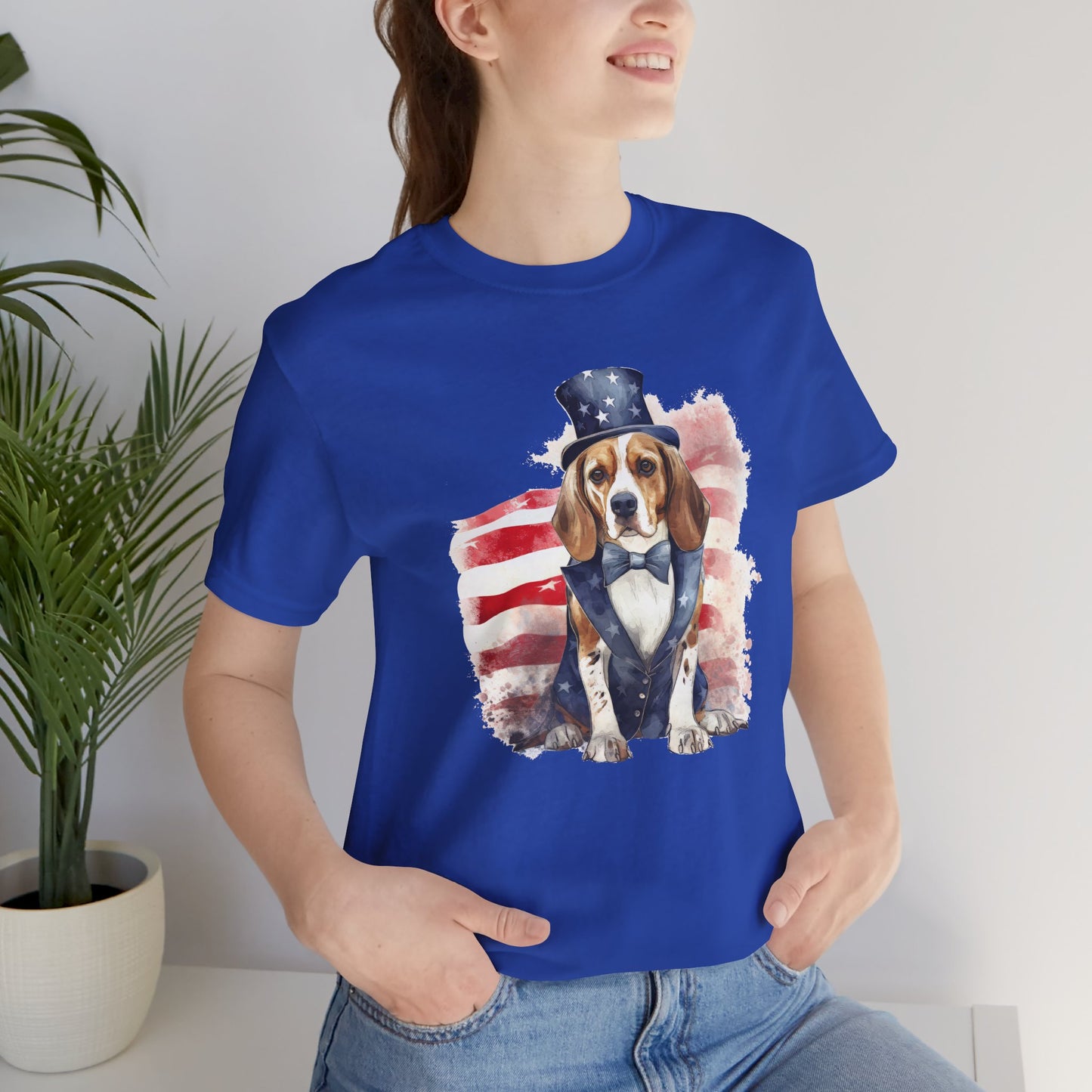 Patriotic Beagle in Stars & Stripes Suit – Unisex T-Shirt