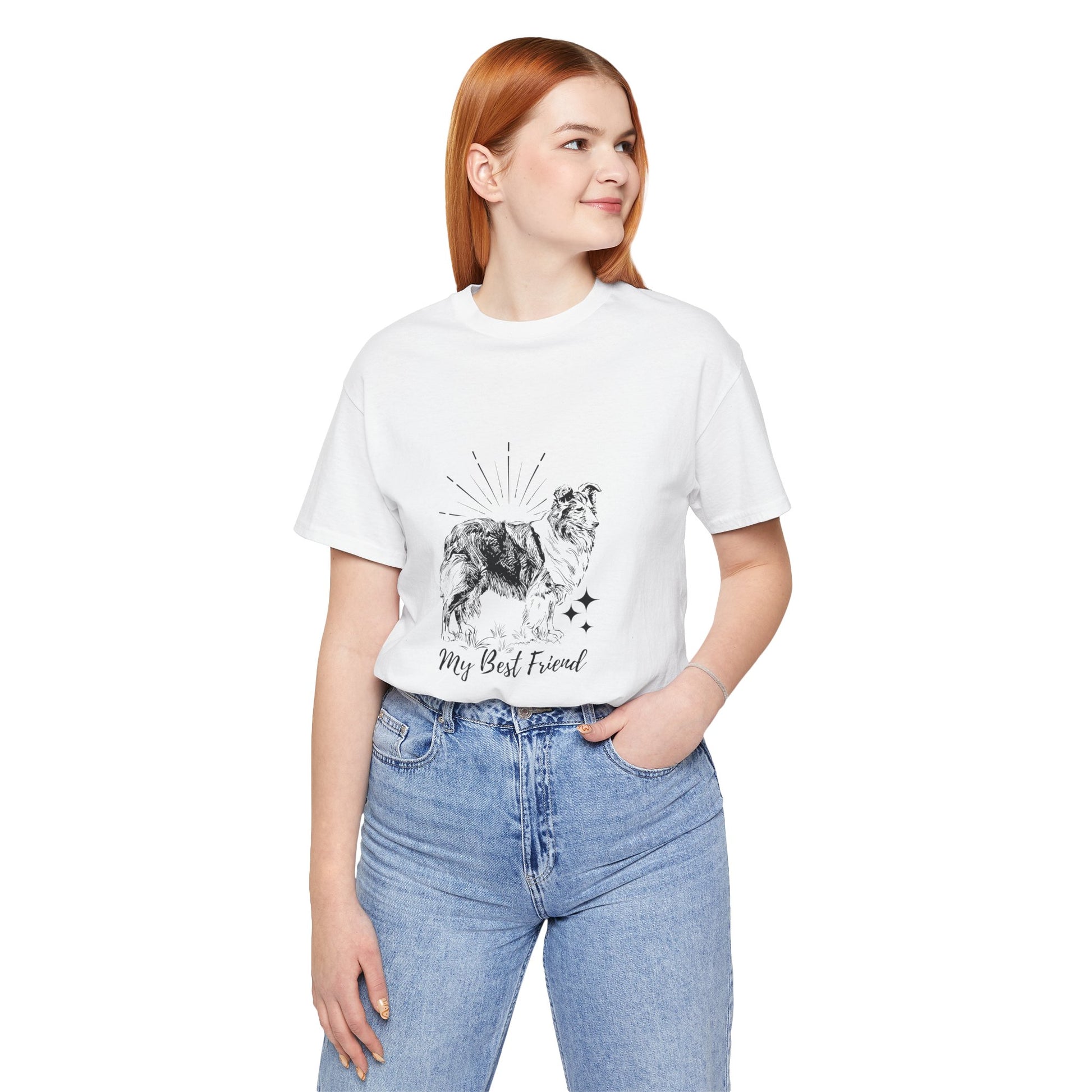 Person wearing a white t-shirt with a graphic design and text, standing against a white background
