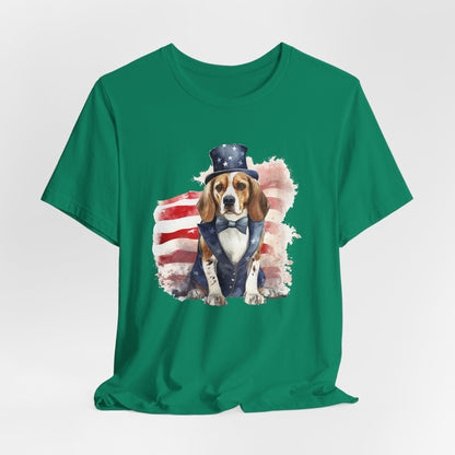 Patriotic Beagle in Stars & Stripes Suit – Unisex T-Shirt