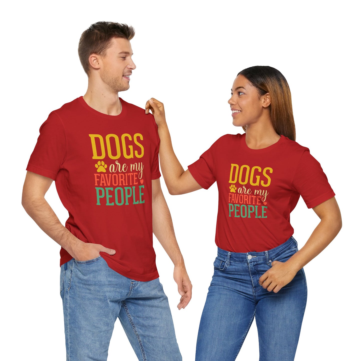 Two people wearing red t-shirts with 'DOGS are my FAVORITE PEOPLE' text.