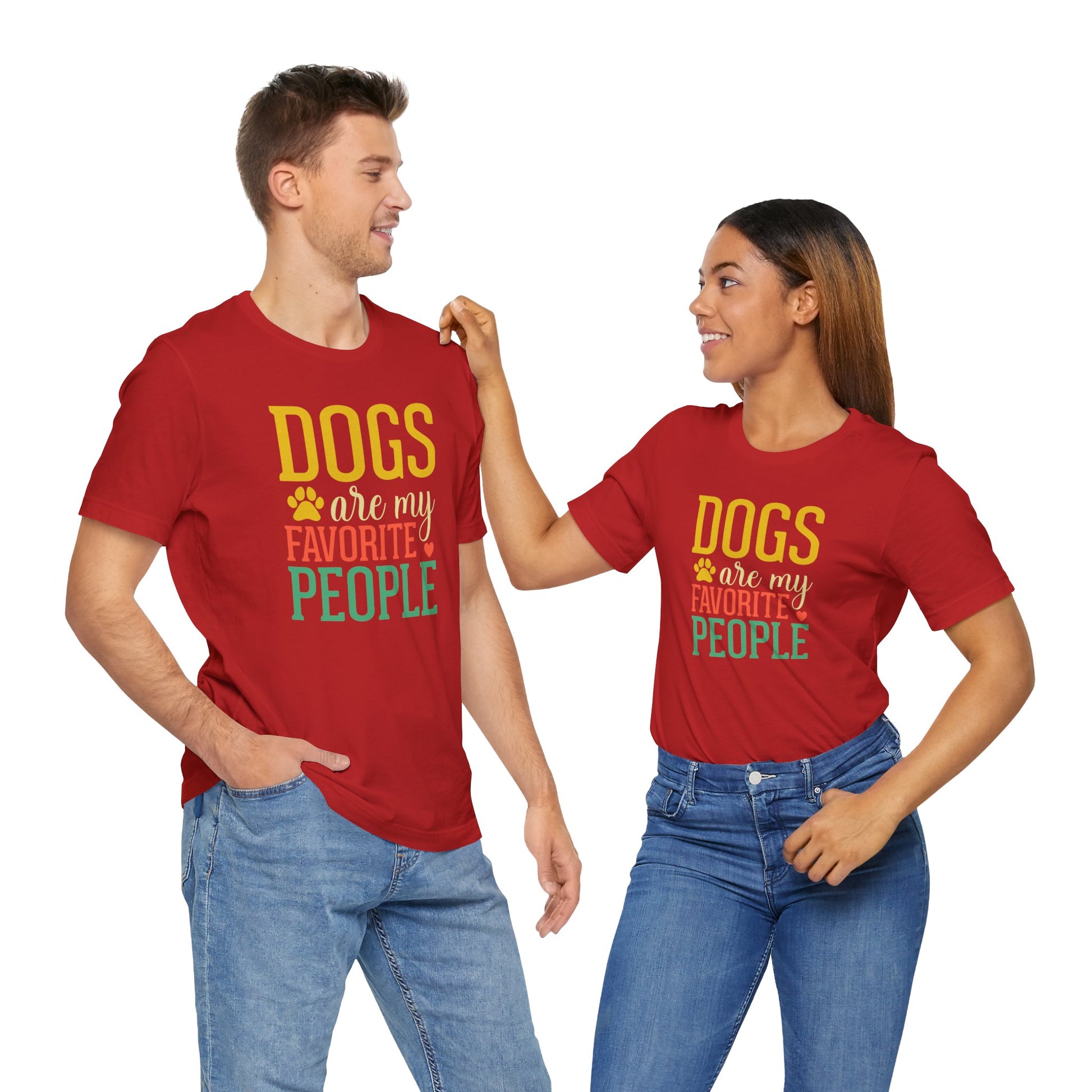 Two people wearing red t-shirts with 'DOGS are my FAVORITE PEOPLE' text.