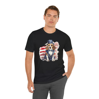 Patriotic Beagle in Stars & Stripes Suit – Unisex T-Shirt