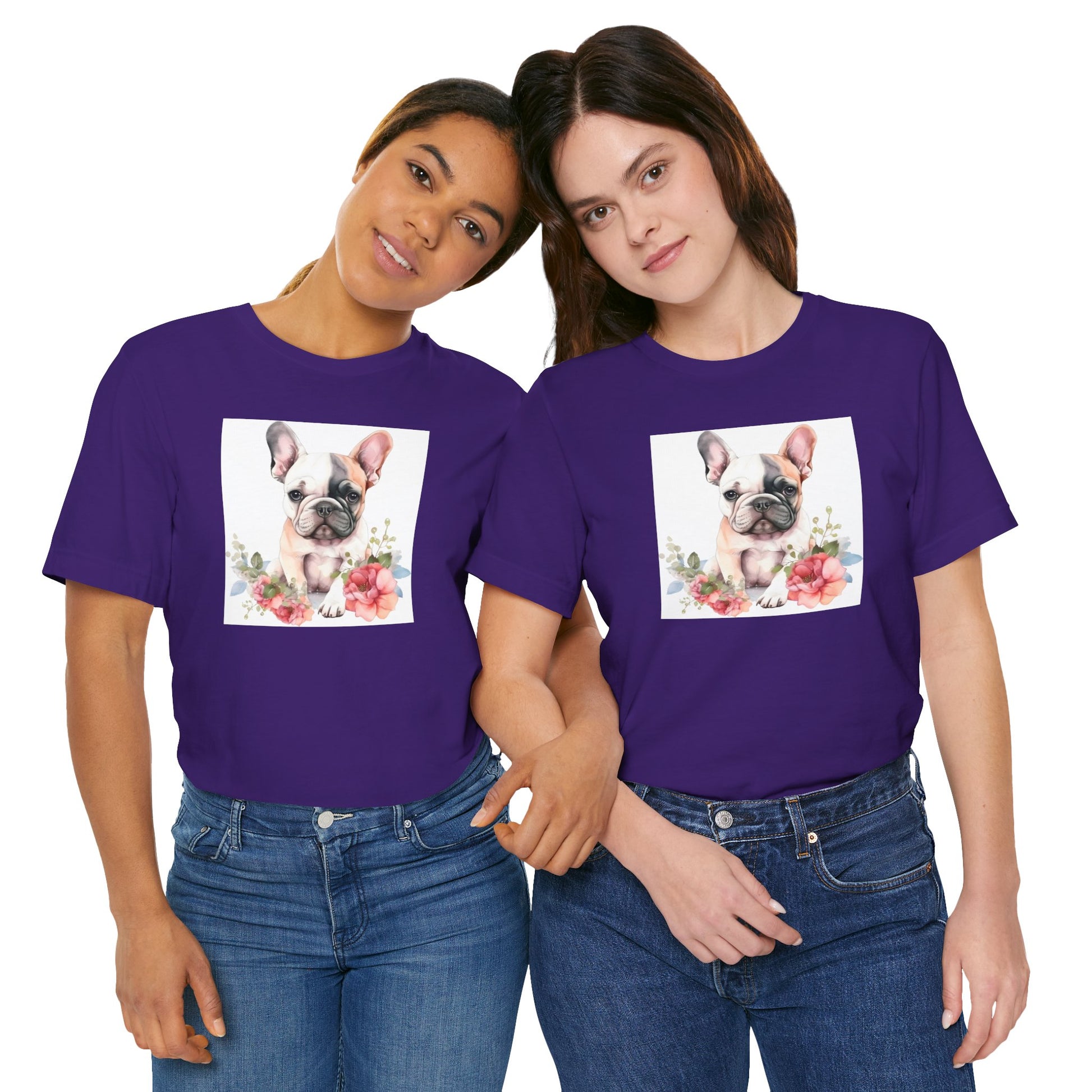 Two people wearing purple t-shirts with a dog and floral design on a white background