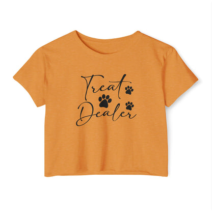 “Treat Dealer” Dog Lover Crop Top – Cute Paw Print Tee for Pet Moms
