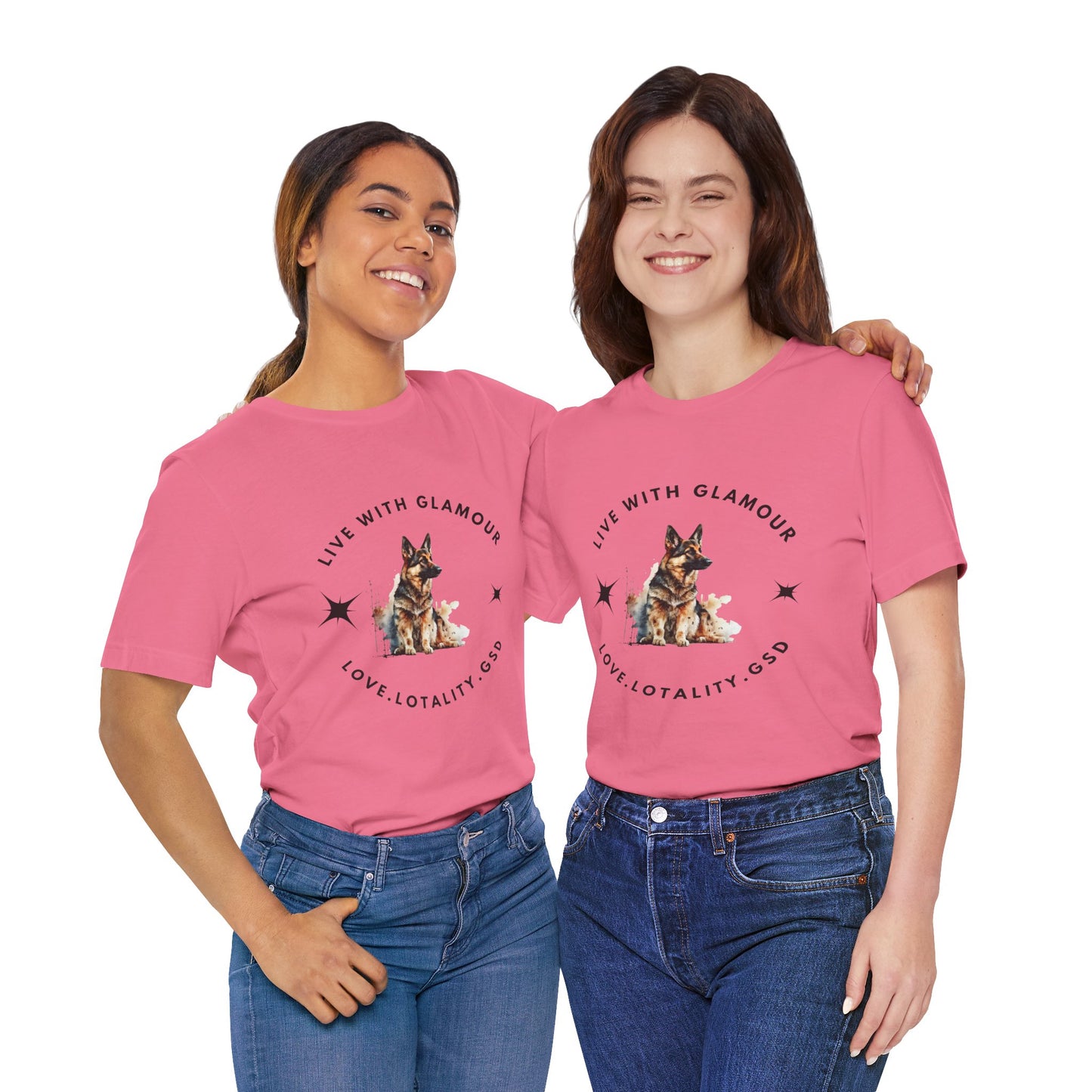 Two women wearing pink t-shirts with a dog graphic and text.