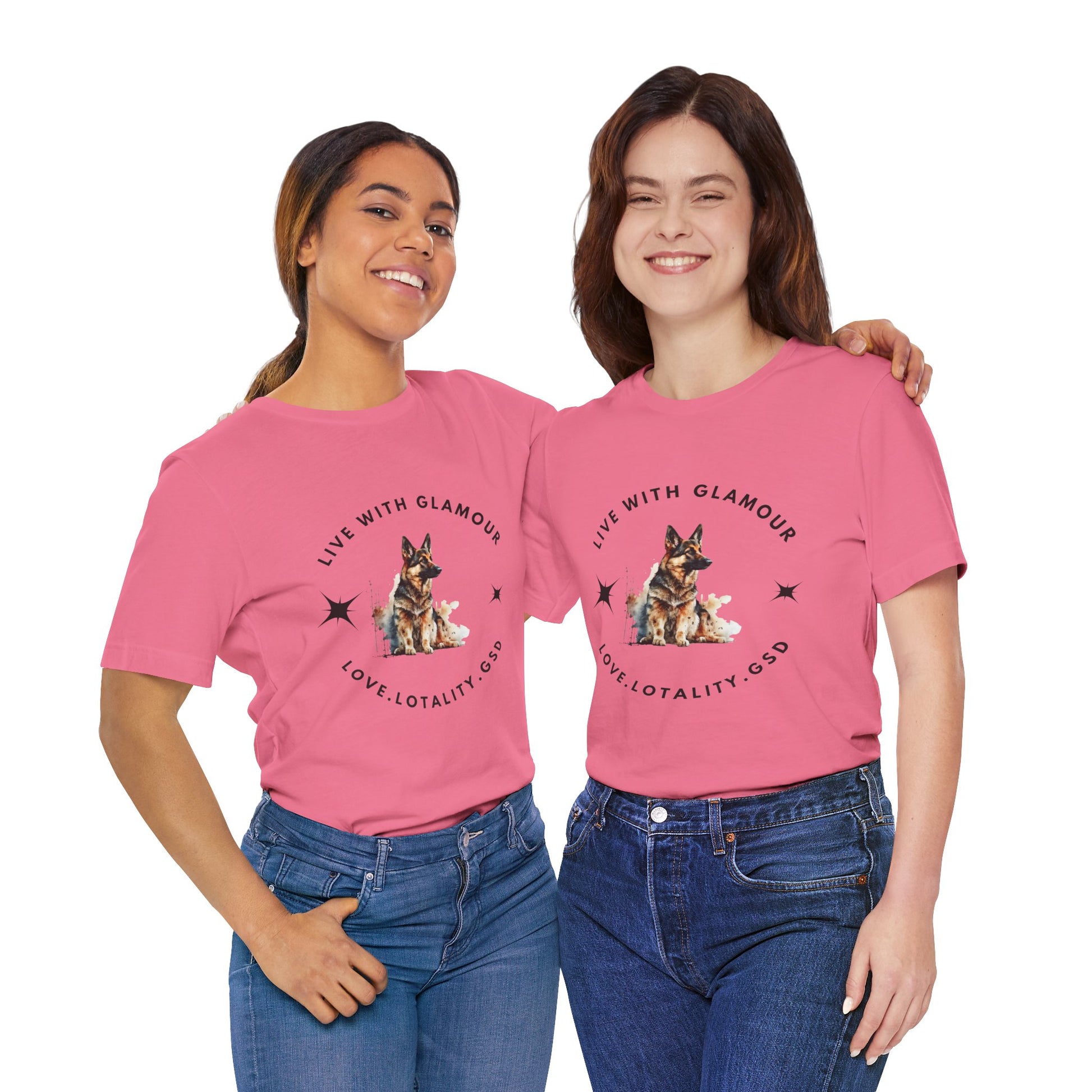 Two women wearing pink t-shirts with a dog graphic and text.