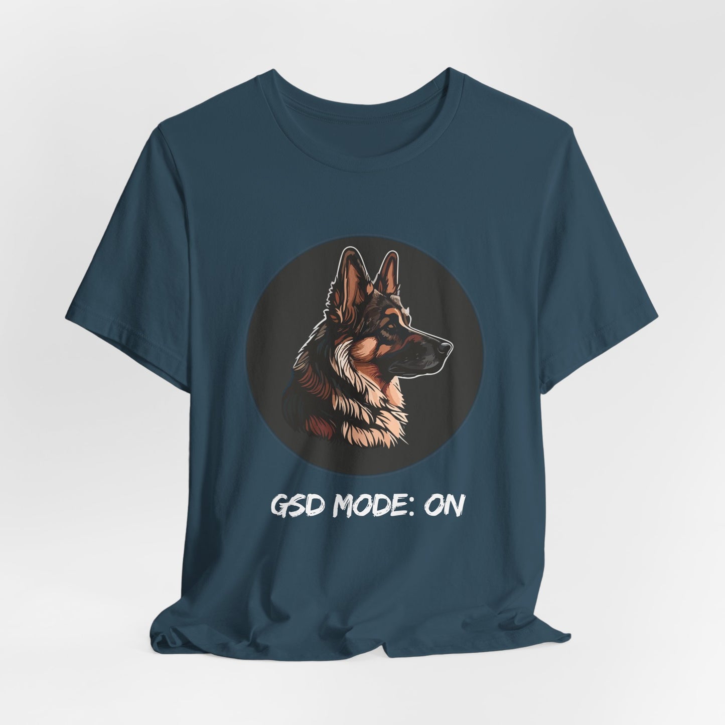 Navy blue t-shirt with a German Shepherd graphic and 'GSD Mode: On' text on a light gray background