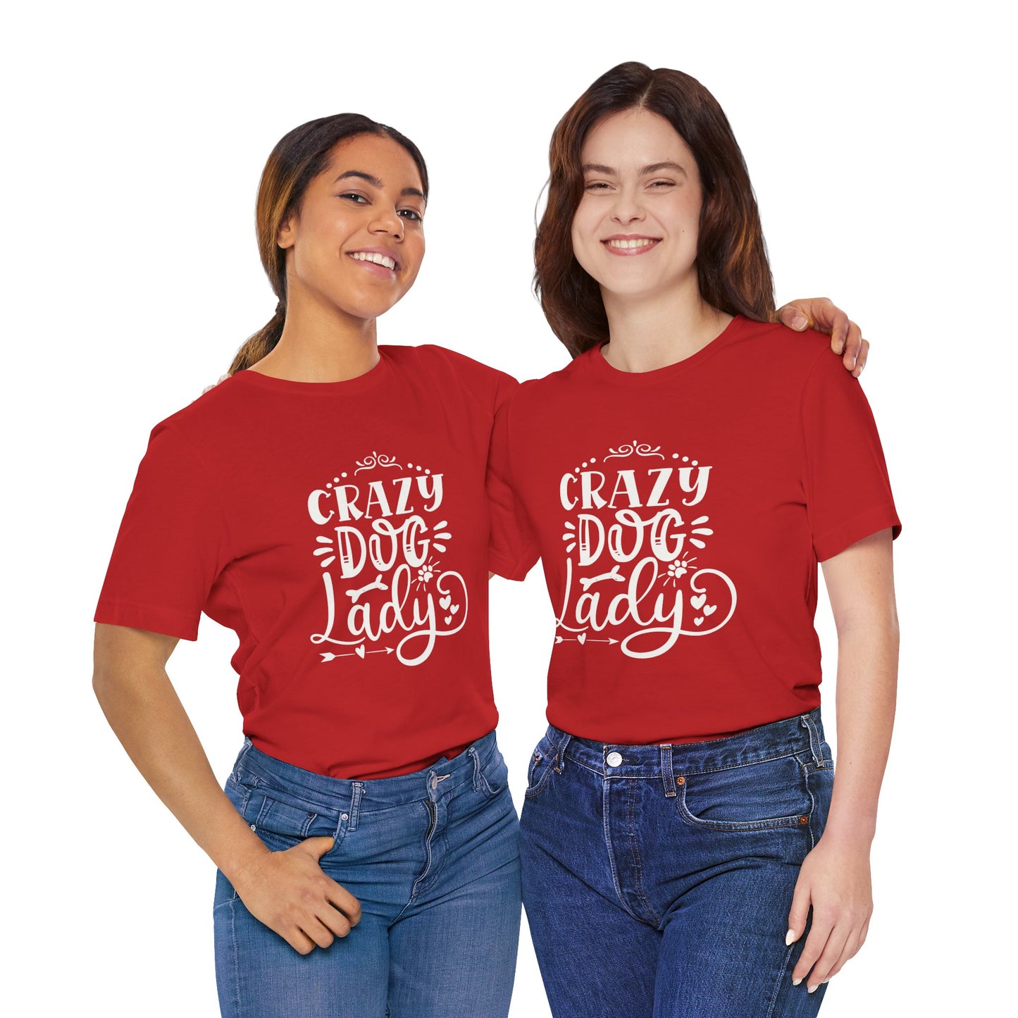 Two people wearing red t-shirts with 'Crazy Dog Lady' text on a white background