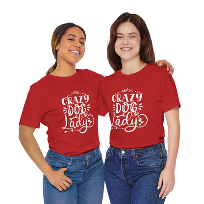 Two people wearing red t-shirts with 'Crazy Dog Lady' text on a white background