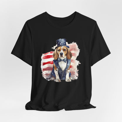 Patriotic Beagle in Stars & Stripes Suit – Unisex T-Shirt