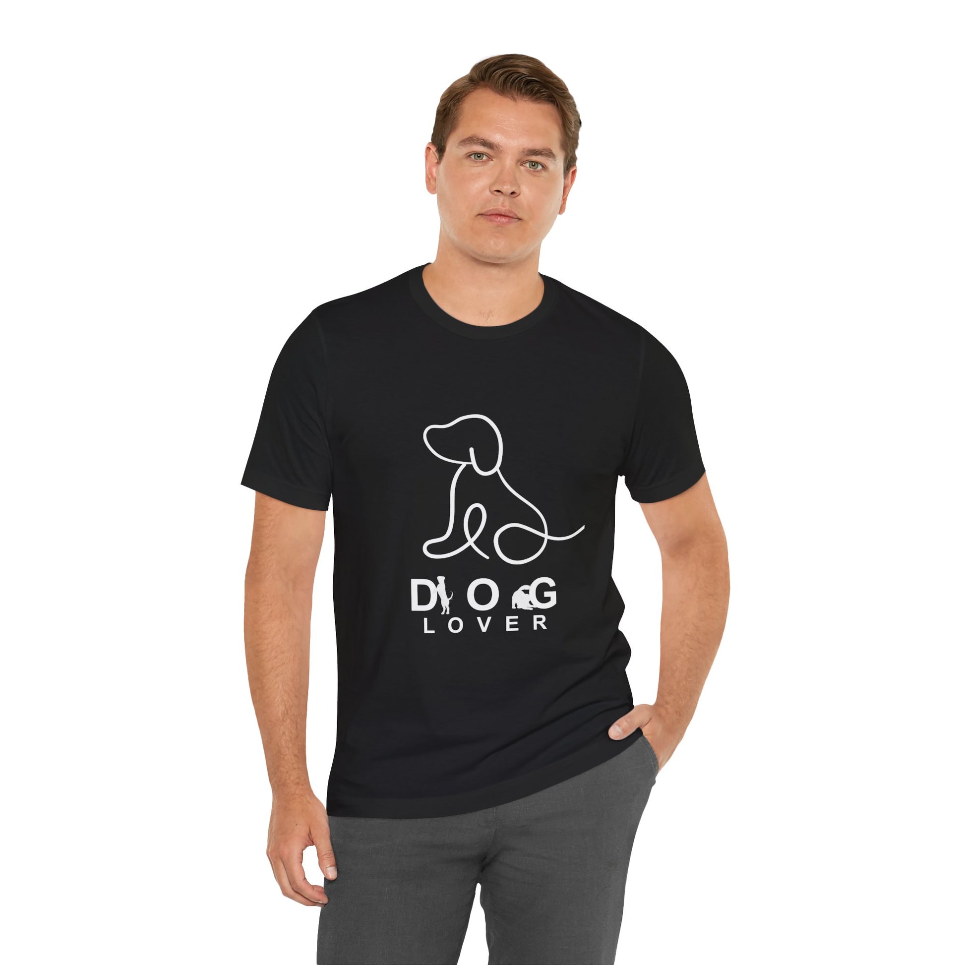Man wearing a black t-shirt with 'Dog Lover' graphic on a white background