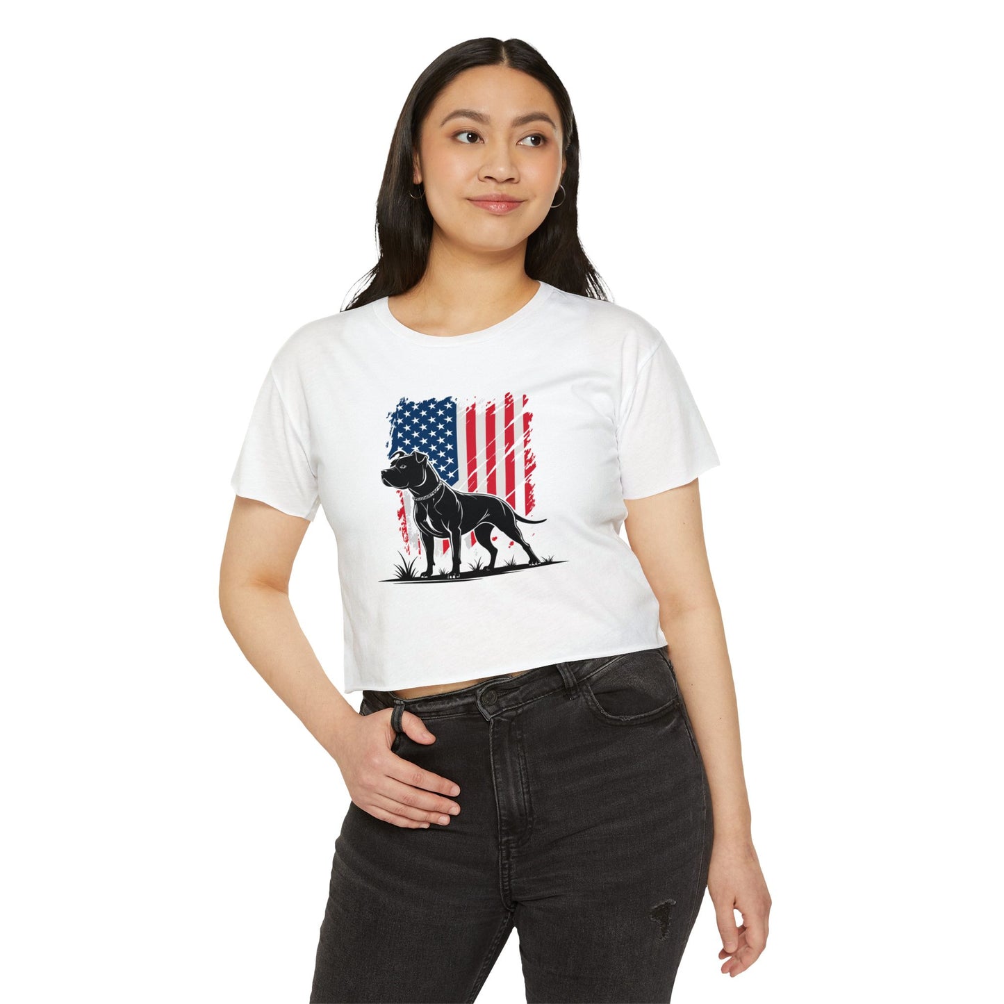 Patriotic Pitbull Crop Top – USA Flag Dog Graphic Tee
