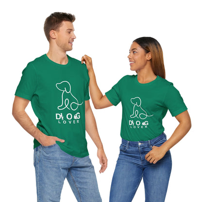 Two people wearing green t-shirts with a dog lover graphic on a white background
