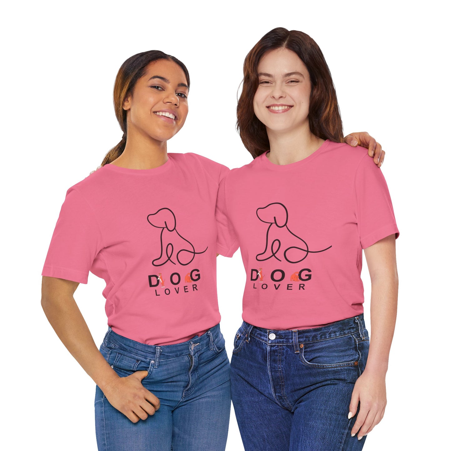 Two people wearing pink t-shirts with 'DOG LOVER' text and dog graphic on a white background