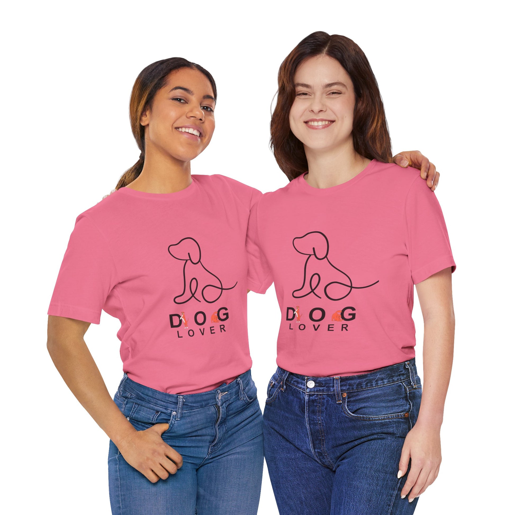 Two people wearing pink t-shirts with 'DOG LOVER' text and dog graphic on a white background