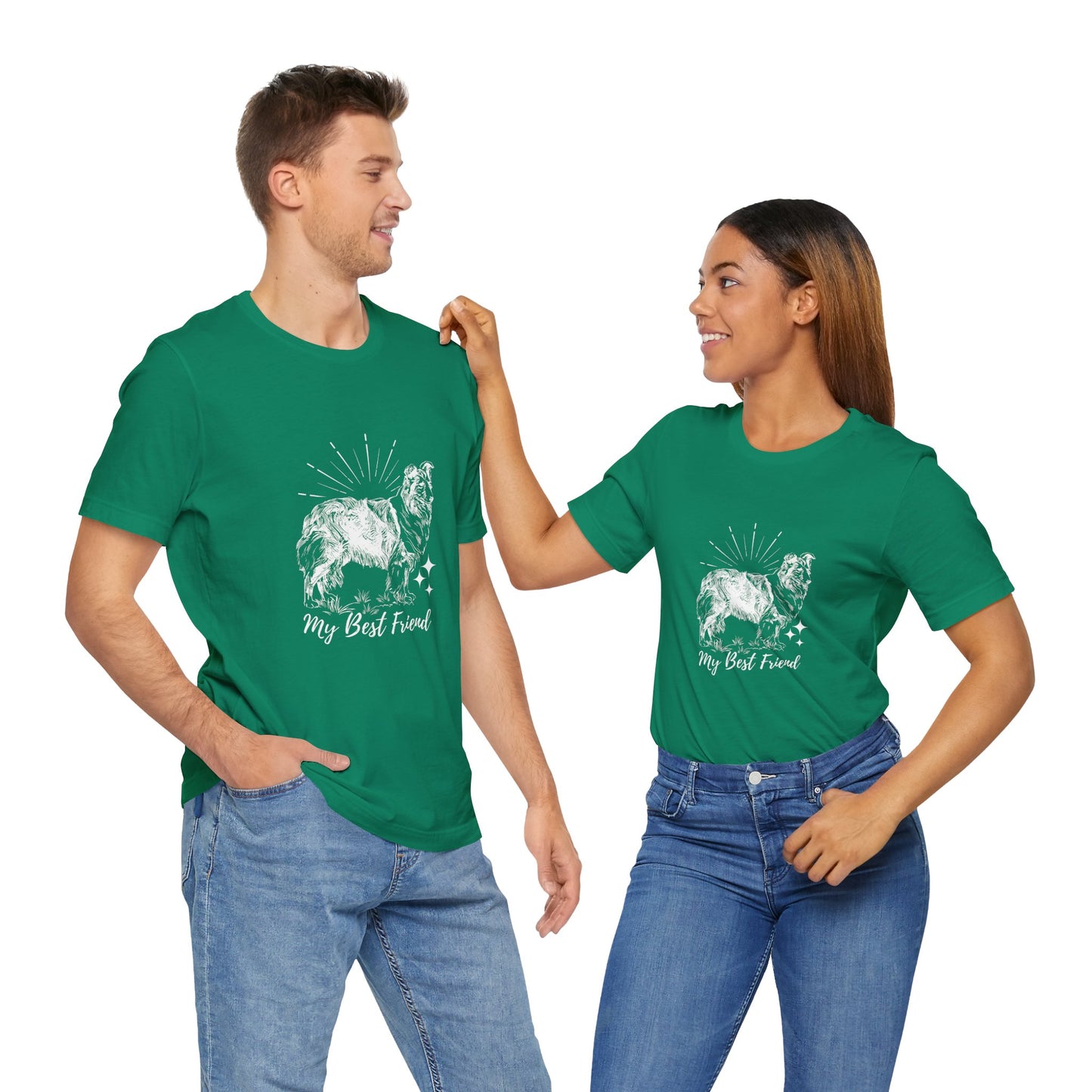 Two people wearing green t-shirts with a dog graphic and text on a white background