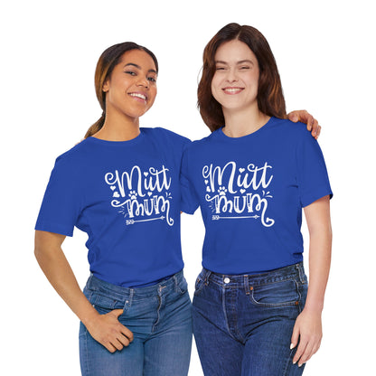 Two women wearing blue t-shirts with 'Mutt Mum' text on a white background