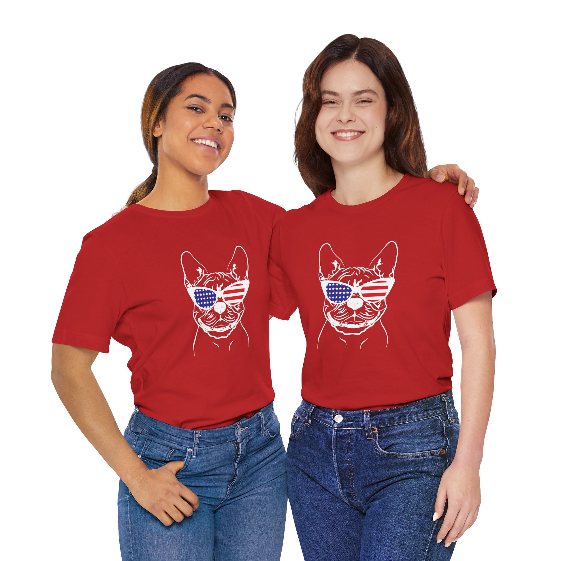 Two people wearing red t-shirts with a dog graphic and sunglasses on a white background