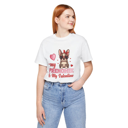 Person wearing a white t-shirt with a dog graphic and text on a white background