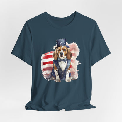 Patriotic Beagle in Stars & Stripes Suit – Unisex T-Shirt