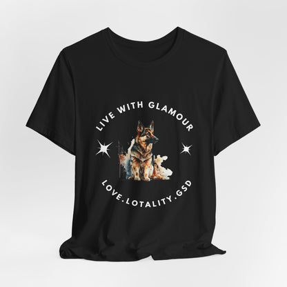 Black t-shirt with a graphic of a dog and text on a white background