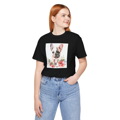 Person wearing a black t-shirt with a dog graphic on a white background