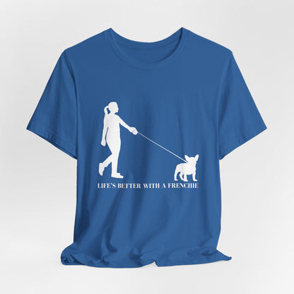Blue t-shirt with white graphic and text 'Life's better with a Frenchie' on a light gray background