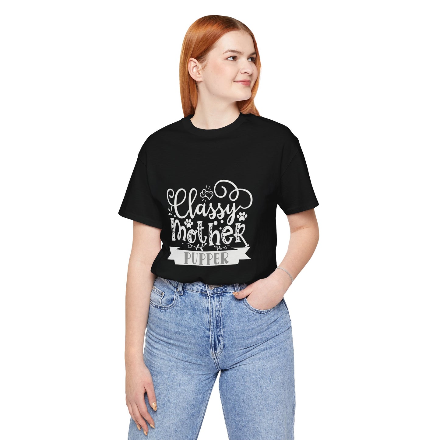 Person wearing a black t-shirt with 'Classy Mother pupper' text design on a white background