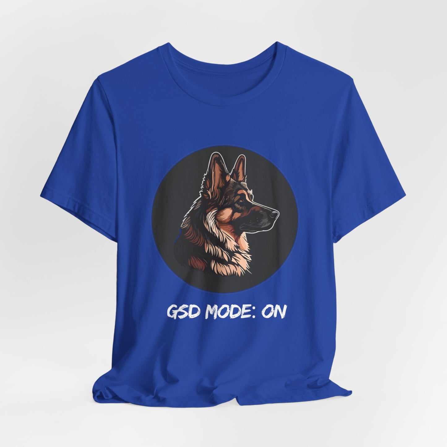 Blue t-shirt with a dog illustration and 'GSD MODE: ON' text on a white background