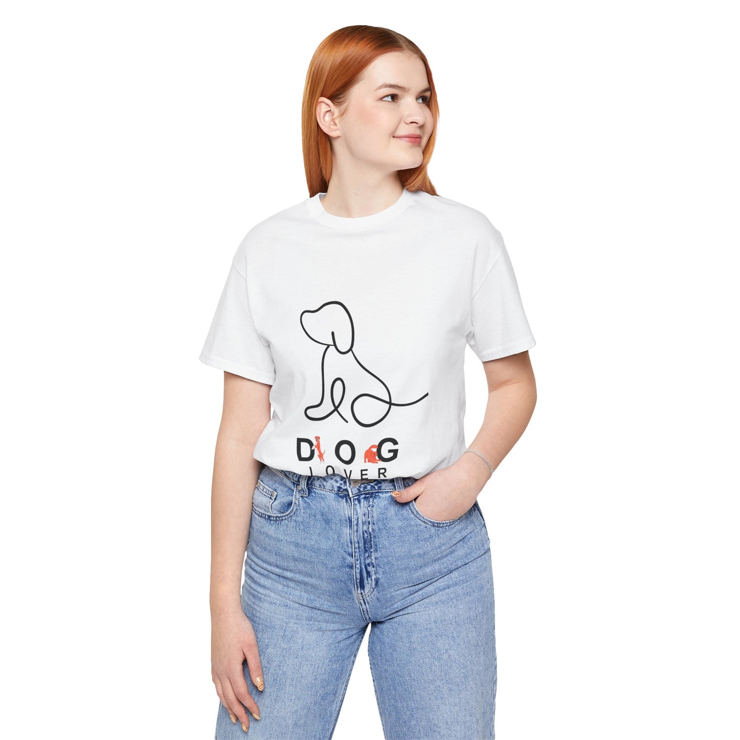 Person wearing a white t-shirt with a graphic design and text, standing against a white background