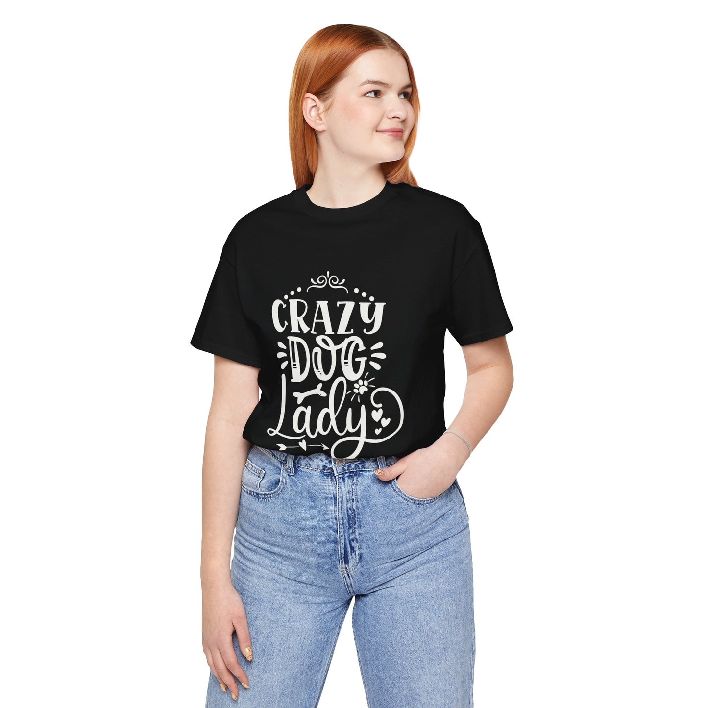 Person wearing a black t-shirt with 'Crazy Dog Lady' text on a white background