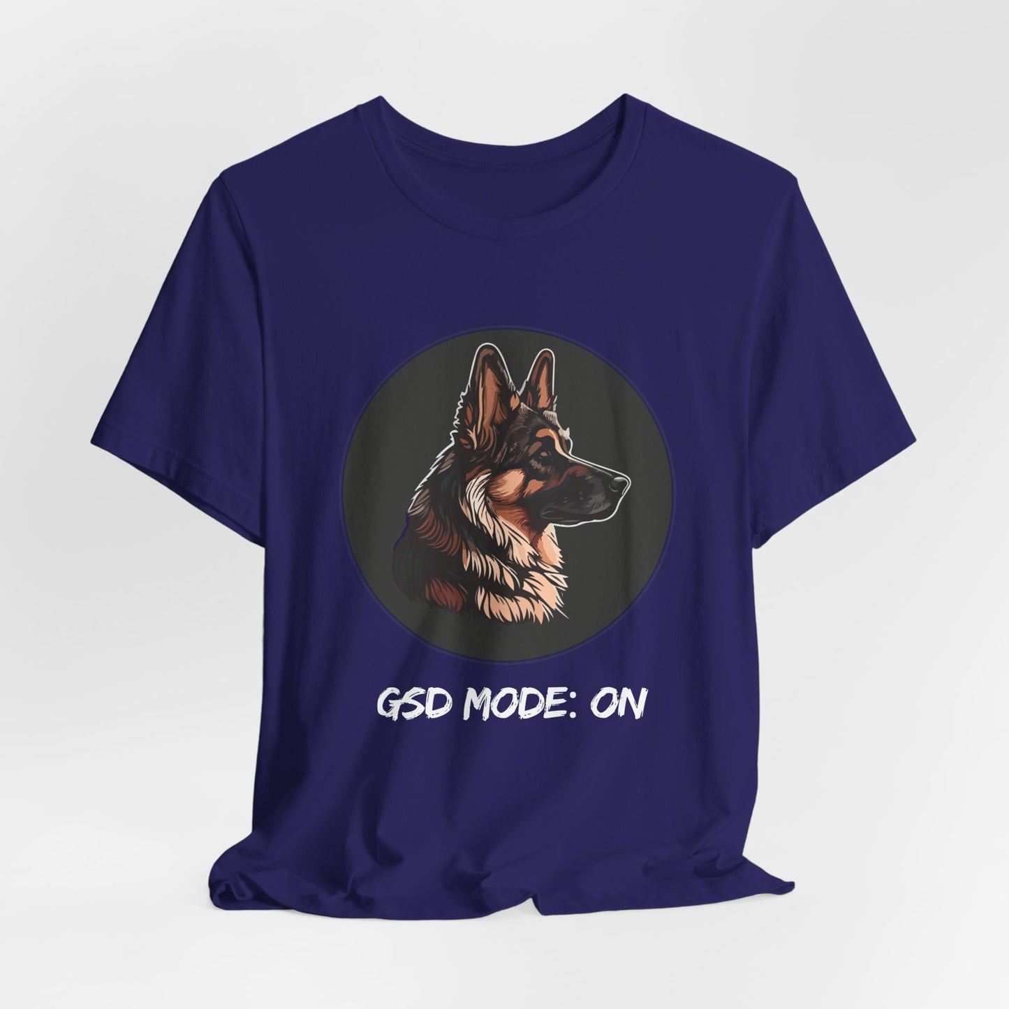 Navy blue t-shirt with a dog illustration and 'GSD Mode: ON' text on a white background