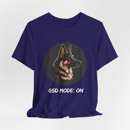 Navy blue t-shirt with a dog illustration and 'GSD Mode: ON' text on a white background