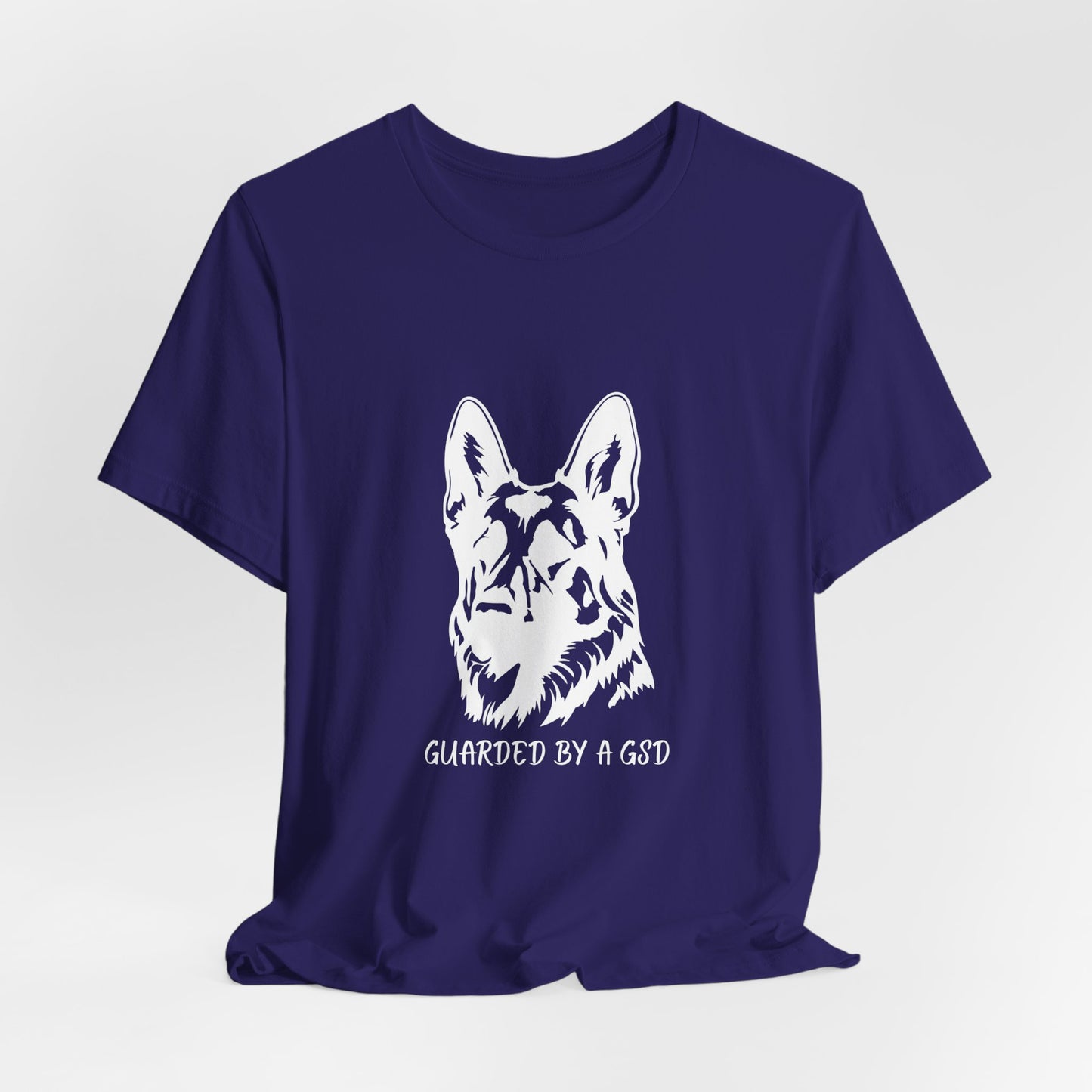 Navy blue t-shirt with a white German Shepherd design and text on a light gray background