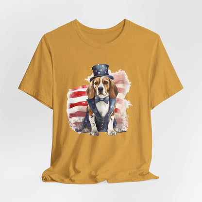Patriotic Beagle in Stars & Stripes Suit – Unisex T-Shirt