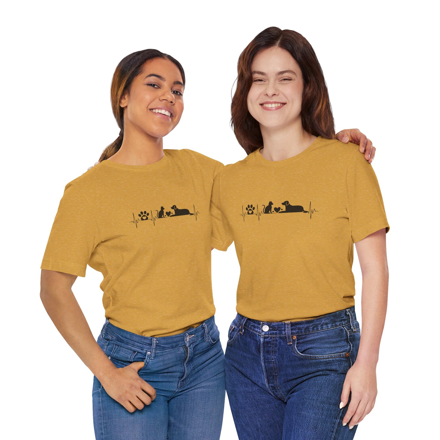 Two women wearing mustard yellow t-shirts with a black graphic design on a white background